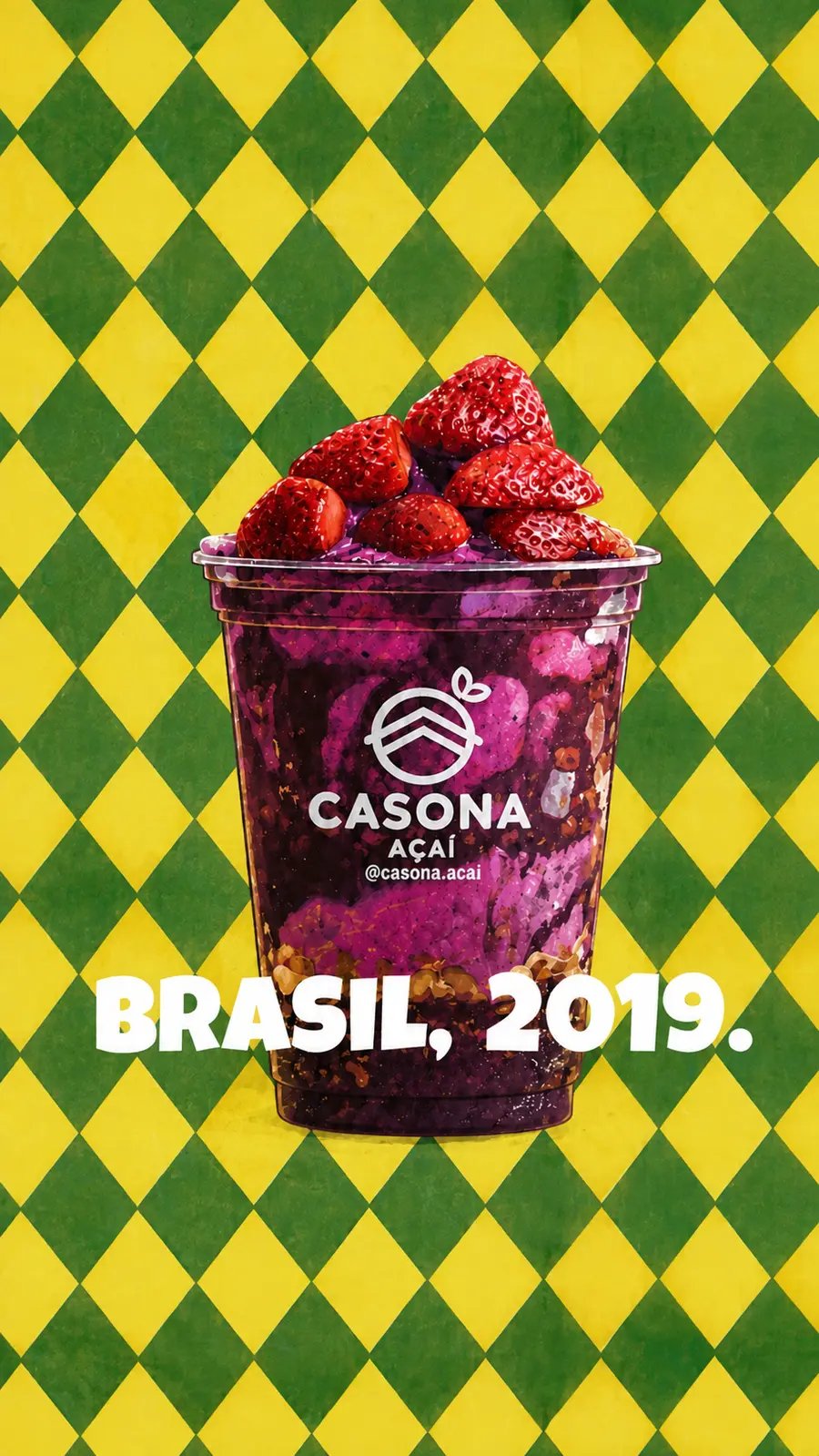 Peça 'Brasil, 2019' com copo de açaí Casona